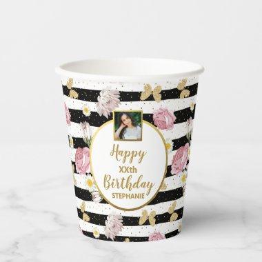 Pink Floral Gold Butterfly Custom Photo Birthday Paper Cups