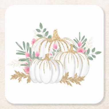 Pink Floral Gold Pumpkin Fall Wedding Thanksgiving Square Paper Coaster