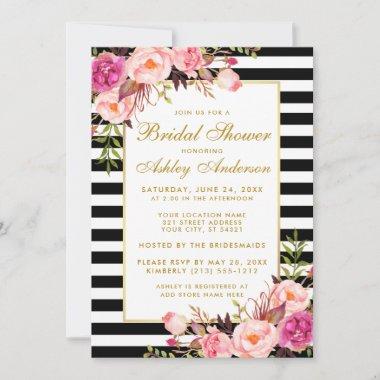 Pink Floral Gold Striped Bridal Shower Invitations