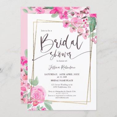 Pink floral greenery gold script bridal shower Invitations