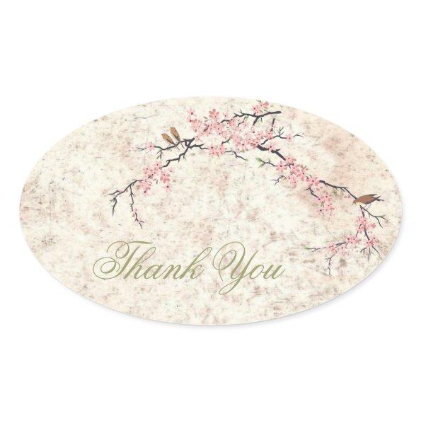 pink floral japanese cherry blossom spring wedding oval sticker
