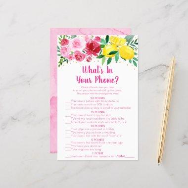Pink Floral Lemon What's In Your Phone Bridal Game