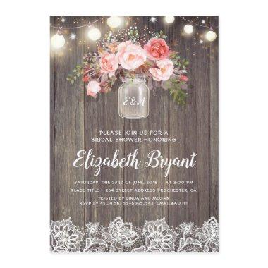 Pink Floral Mason Jar Rustic Lace Bridal Shower Invitations