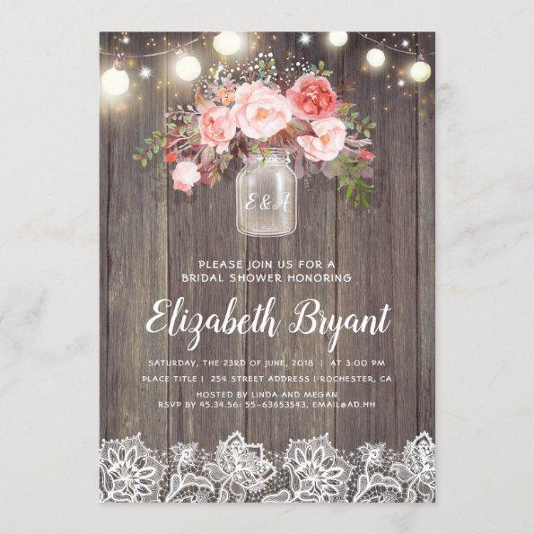 Pink Floral Mason Jar Rustic Lace Bridal Shower Invitations