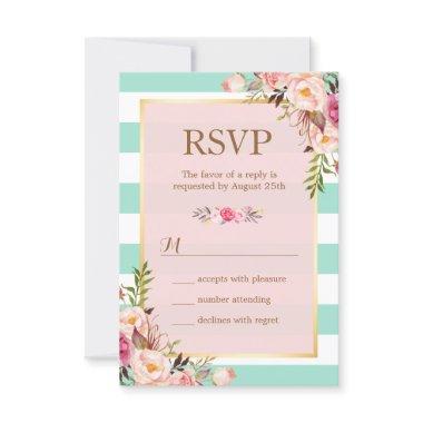 Pink Floral Mint Green White Stripes RSVP