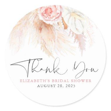 Pink Floral Pampas Grass Boho Thank You Classic Round Sticker