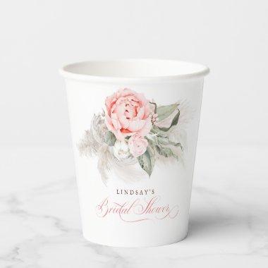 Pink Floral Pampas Grass Bridal Shower Boho Paper Cups