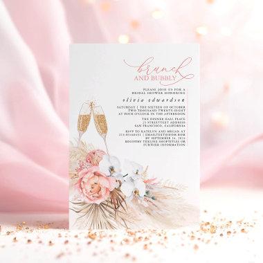 Pink Floral Pampas Grass Brunch and Bubbly Invitations