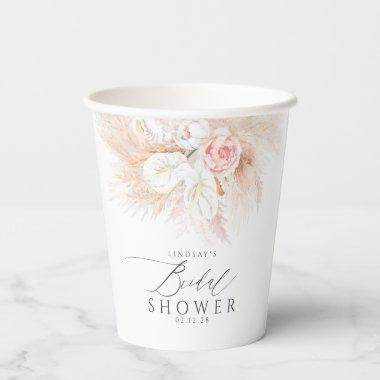 Pink Floral Pampas Grass Exotic Bridal Shower Paper Cups