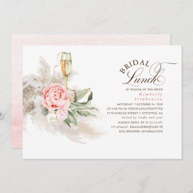 Pink Floral Pampas Grass Greenery Bridal Lunch Invitations