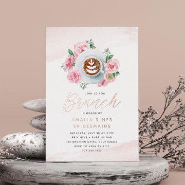 Pink Floral Peony & Coffee Bridesmaids Brunch Foil Invitations