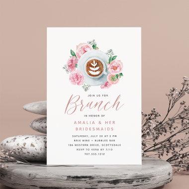 Pink Floral Peony & Coffee Bridesmaids Brunch Invitations