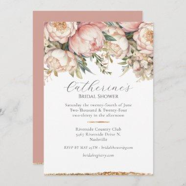 Pink Floral Peony Gold Bridal Shower Invitations