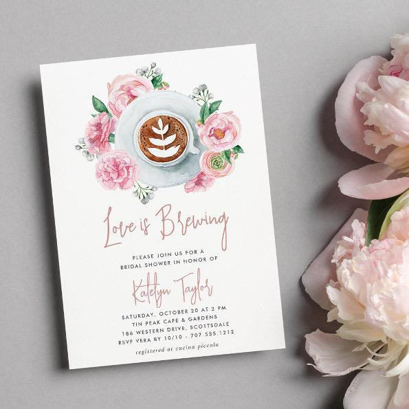 Pink Floral Peony "Love is Brewing" Bridal Brunch Invitations