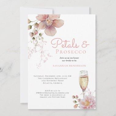 Pink Floral Petals and Prosecco Bridal Shower Invitations