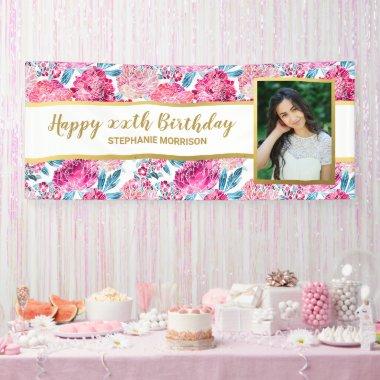 Pink Floral Print, Any Age, Custom Photo Birthday Banner