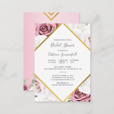 Pink Floral Rose Gold Geometric Bridal Shower Note Invitations
