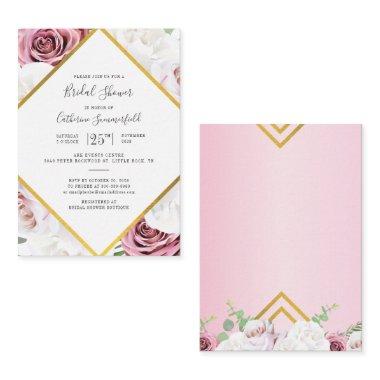 Pink Floral Rose Gold Geometric Bridal Shower Note Invitations