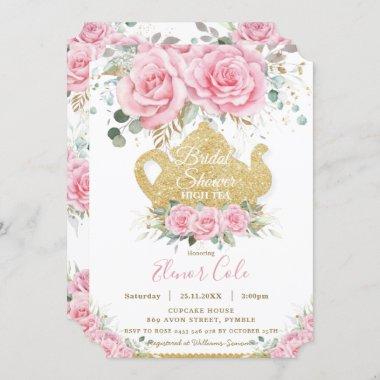 Pink Floral Roses Bridal Shower High Tea Party Invitations