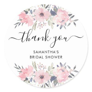 Pink Floral Roses Watercolor Script Thank You Classic Round Sticker