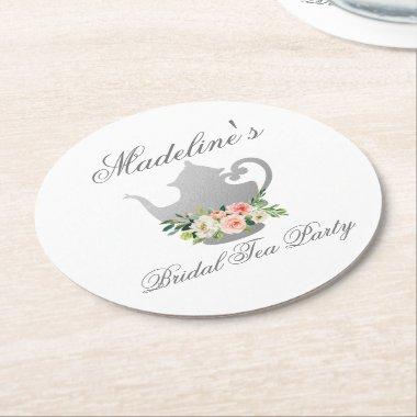 Pink Floral Silver  Tea Party Round Paper Coaster