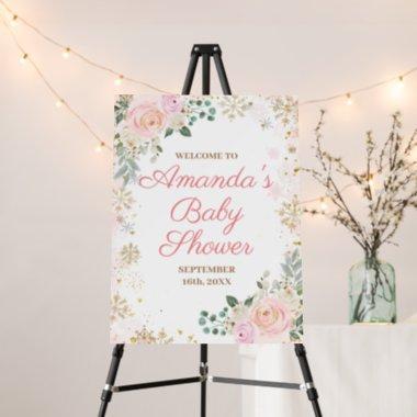 Pink Floral Snowflakes Winter Baby Shower Welcome Foam Board