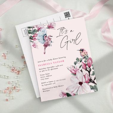 Pink Floral & Spring Birds Budget Bridal Shower In Invitation PostInvitations