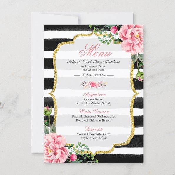 Pink Floral Stripes | Bridal Shower Luncheon Menu Invitations