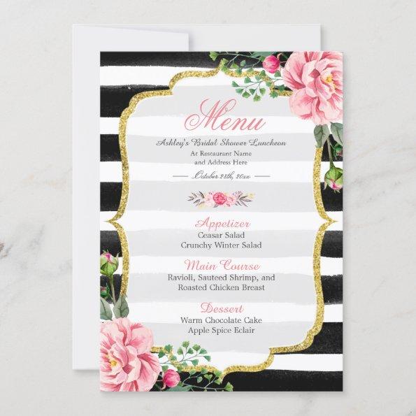 Pink Floral Stripes | Bridal Shower Luncheon Menu Invitations