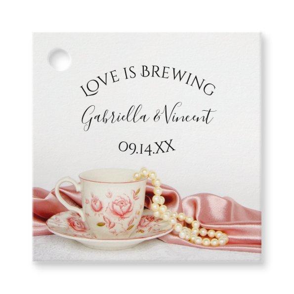 Pink Floral Tea Cup Pearls Love is Brewing Wedding Favor Tags