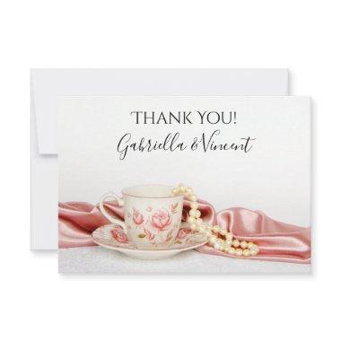 Pink Floral Tea Cup Pearls Wedding Thank You Note