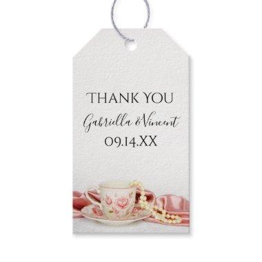 Pink Floral Tea Cup with Pearls Wedding Favor Tags