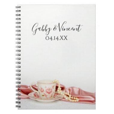 Pink Floral Tea Cup with Pearls Wedding Guest Book