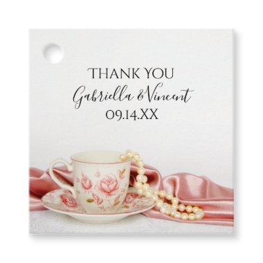 Pink Floral Tea Cup with Pearls Wedding Thank You Favor Tags