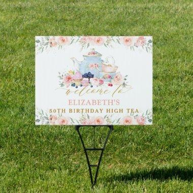 Pink Floral Tea Party Bridal Baby Birthday Welcome Sign