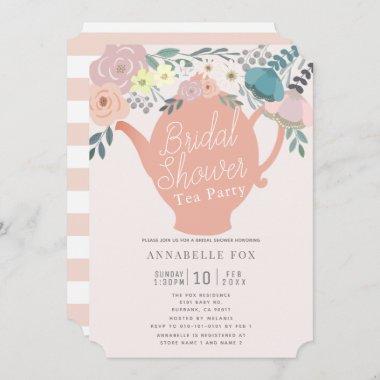Pink Floral Teapot Tea Party Bridal Shower Invitations