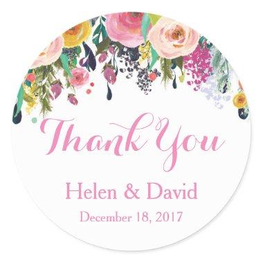 Pink Floral Thank You Wedding Favour Stickers