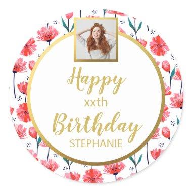 Pink Floral Tulips, Add Photo, Happy Birthday Classic Round Sticker