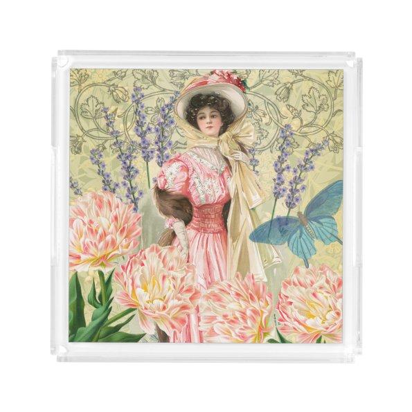 Pink Floral Victorian Woman Regency Acrylic Tray