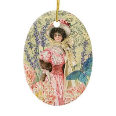 Pink Floral Victorian Woman Regency Ceramic Ornament