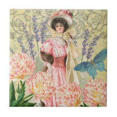 Pink Floral Victorian Woman Regency Ceramic Tile