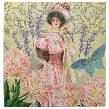 Pink Floral Victorian Woman Regency Cloth Napkin