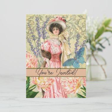 Pink Floral Victorian Woman Regency Invitations