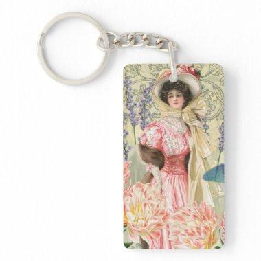 Pink Floral Victorian Woman Regency Keychain