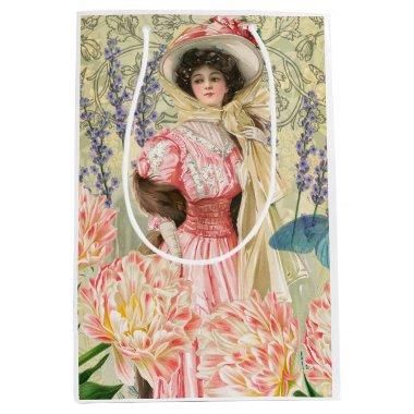 Pink Floral Victorian Woman Regency Medium Gift Bag