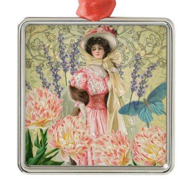 Pink Floral Victorian Woman Regency Metal Ornament