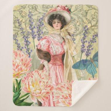 Pink Floral Victorian Woman Regency Sherpa Blanket