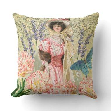 Pink Floral Victorian Woman Regency Throw Pillow