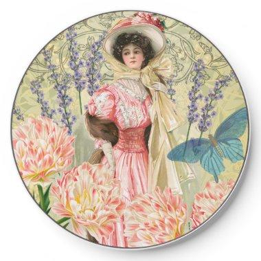 Pink Floral Victorian Woman Regency Wireless Charger