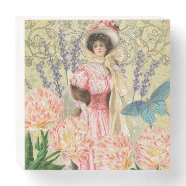 Pink Floral Victorian Woman Regency Wooden Box Sign